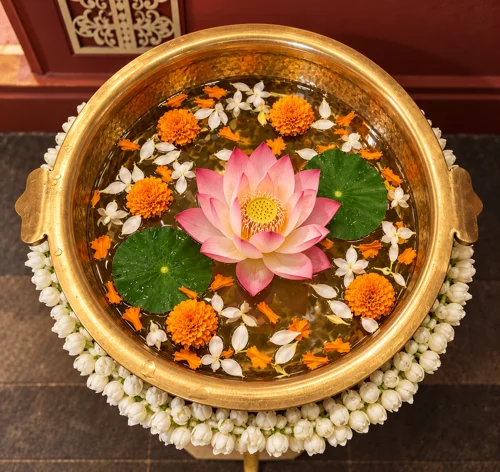 Copper-toned flower bowl with lotus and marigolds